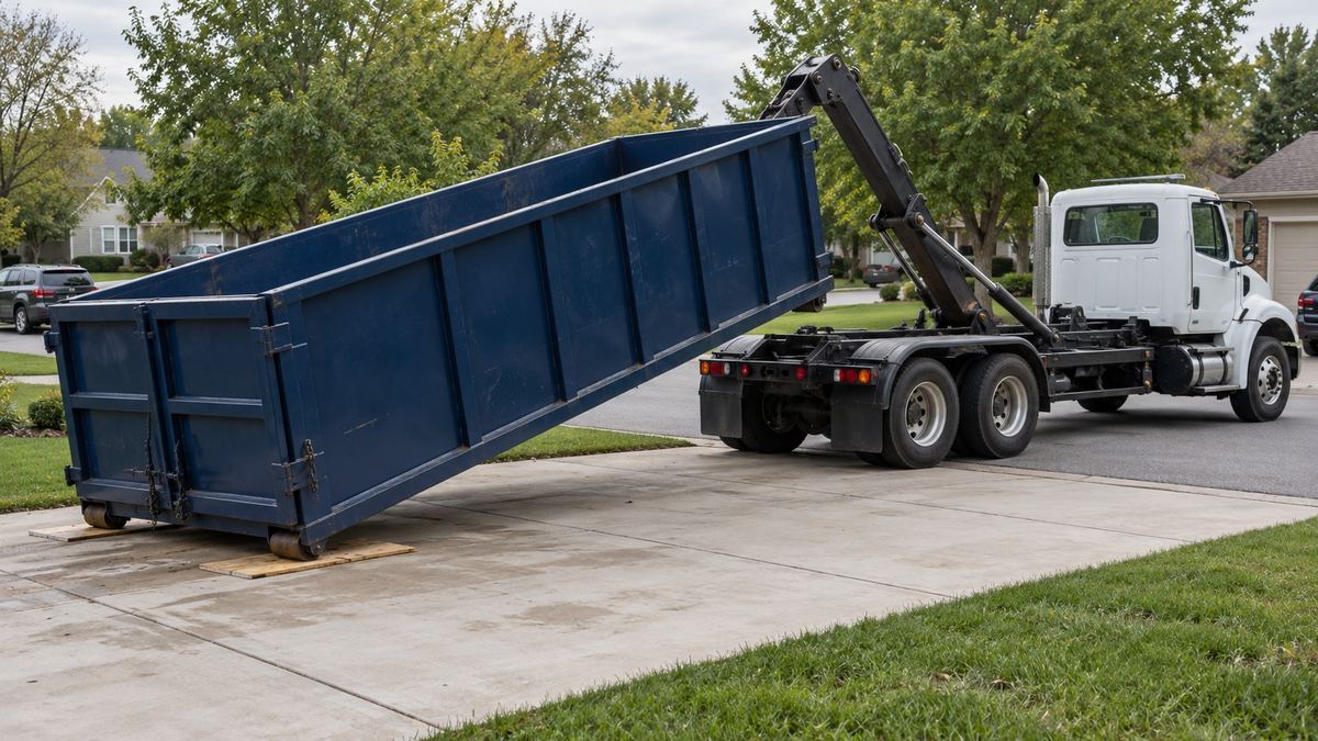 White roll-off truck lowering a blue dumpster onto a residential concrete driveway