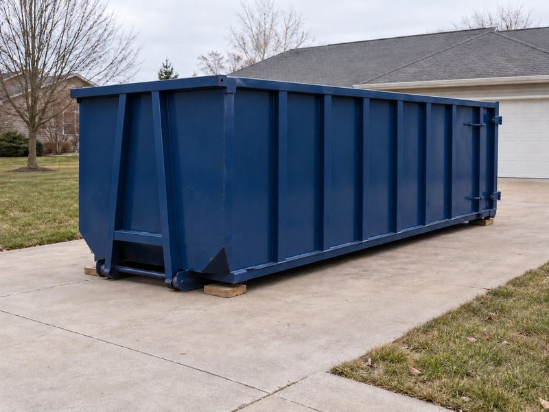 Large 30 to 40 yard roll-off dumpster on a residential driveway, taller than head height