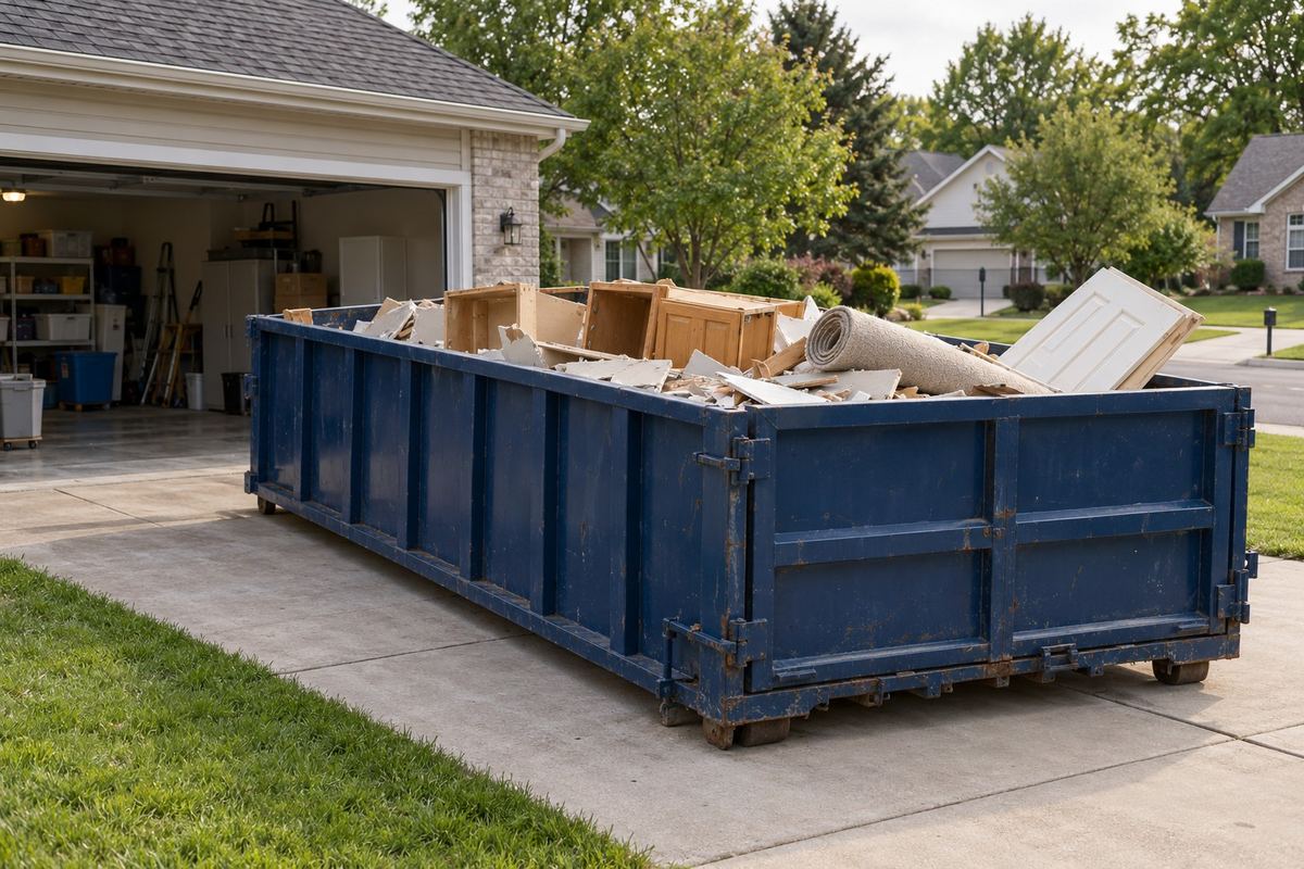 Roll-off dumpster on a driveway loaded with kitchen cabinets, rolled carpet and drywall from a home renovation